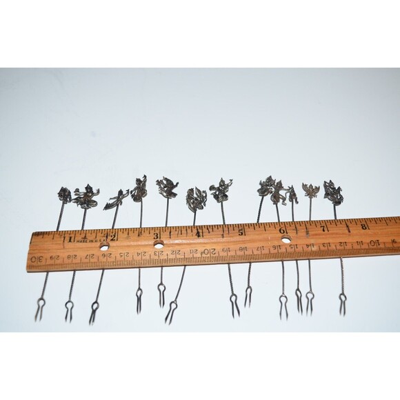 Vtg Silvertone Cocktail Picks Asian Oriental Appetizer Siam Dancer Medieval 12pc - Picture 10 of 10